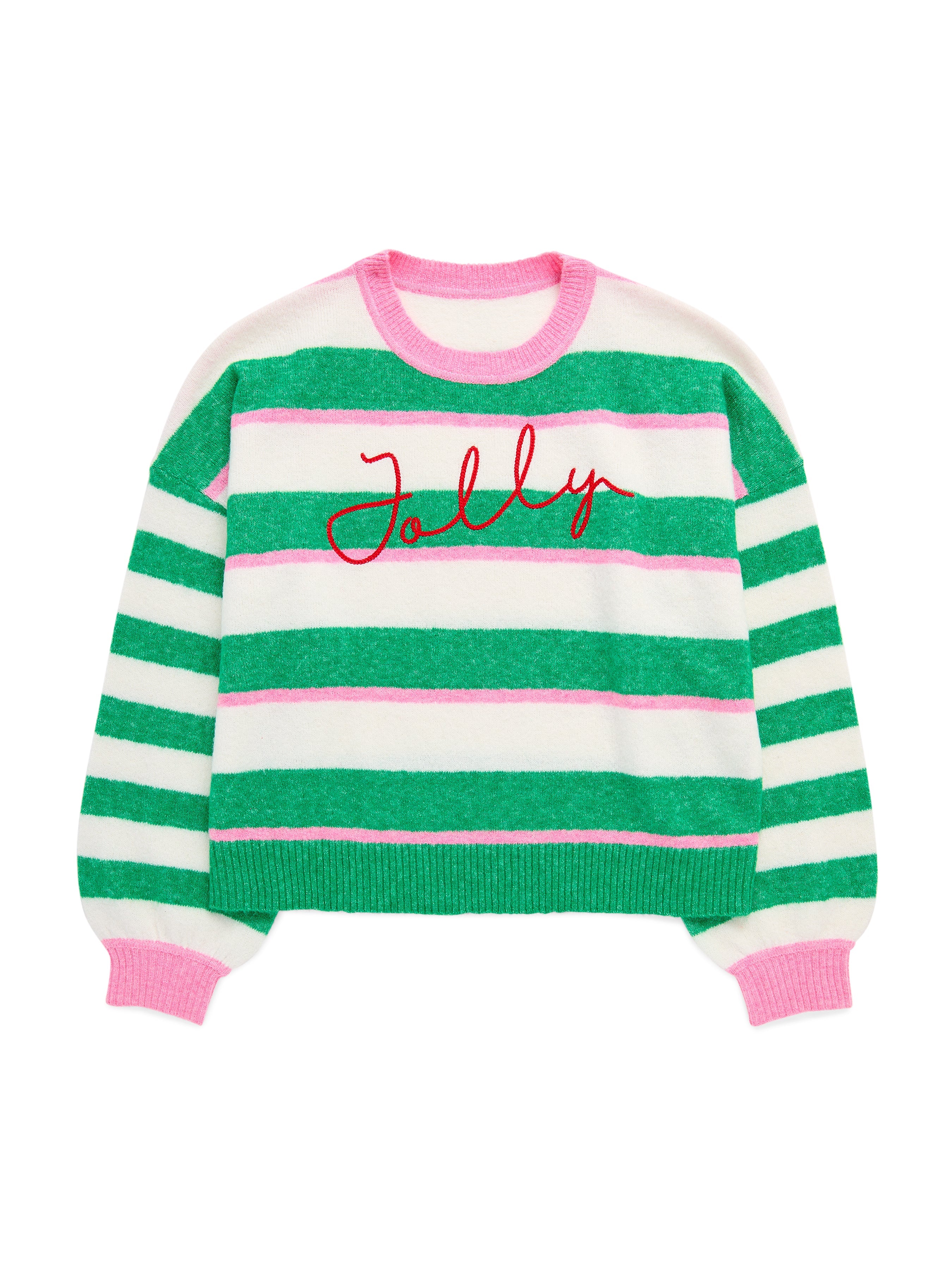 Jolly striped relaxed knit sweatshirt in green, white, and pink with red script embroidery