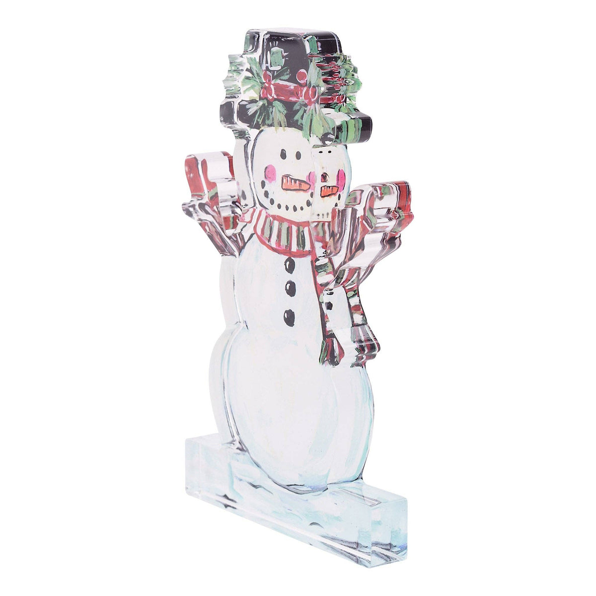 Holly Jolly Snowman acrylic stand figurine with top hat, scarf, and raised arms