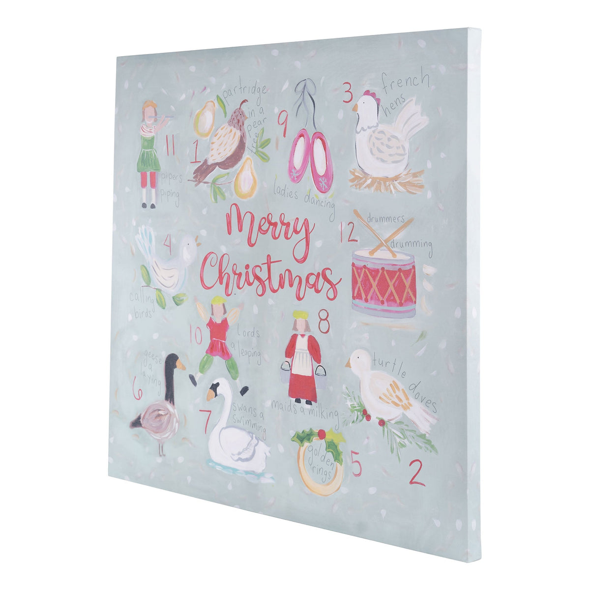 Glory Haus 34x34 inch Merry Christmas canvas featuring all 12 Days of Christmas illustrated icons