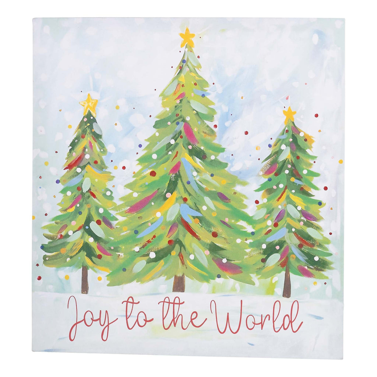 Canvas art featuring three decorated Christmas trees with Joy to the World text
