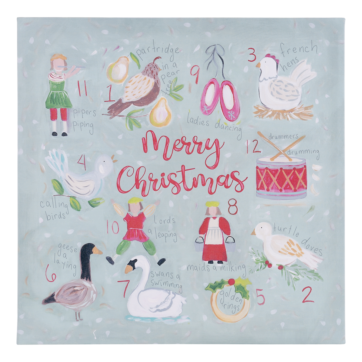 Glory Haus 34x34 inch canvas featuring all 12 Days of Christmas illustrated gift icons