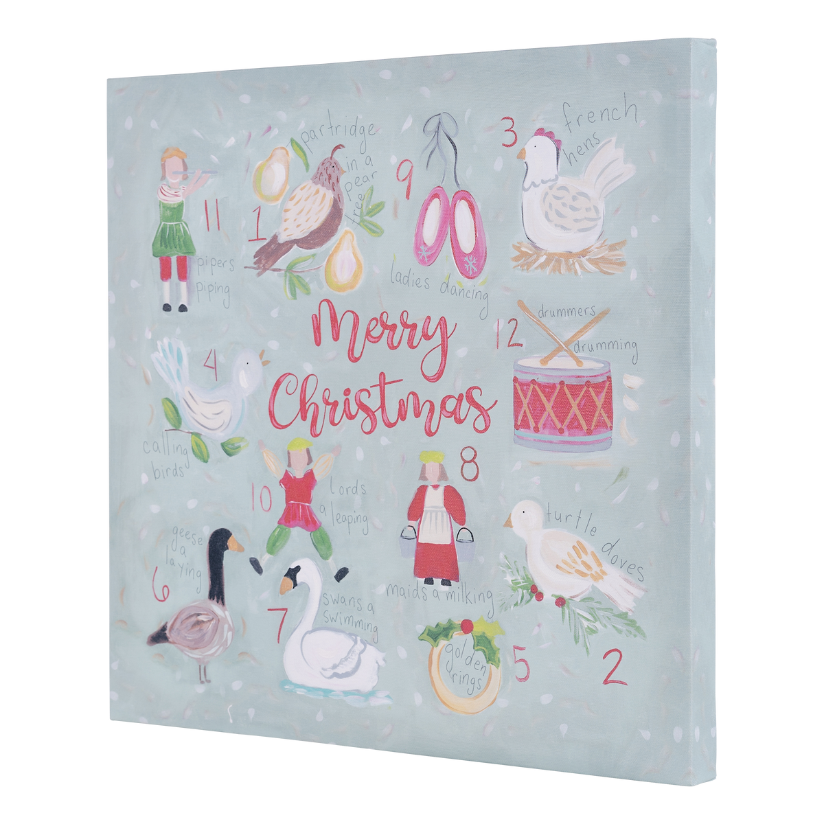 Glory Haus 34x34 inch Merry Christmas canvas featuring all 12 Days of Christmas illustrated icons