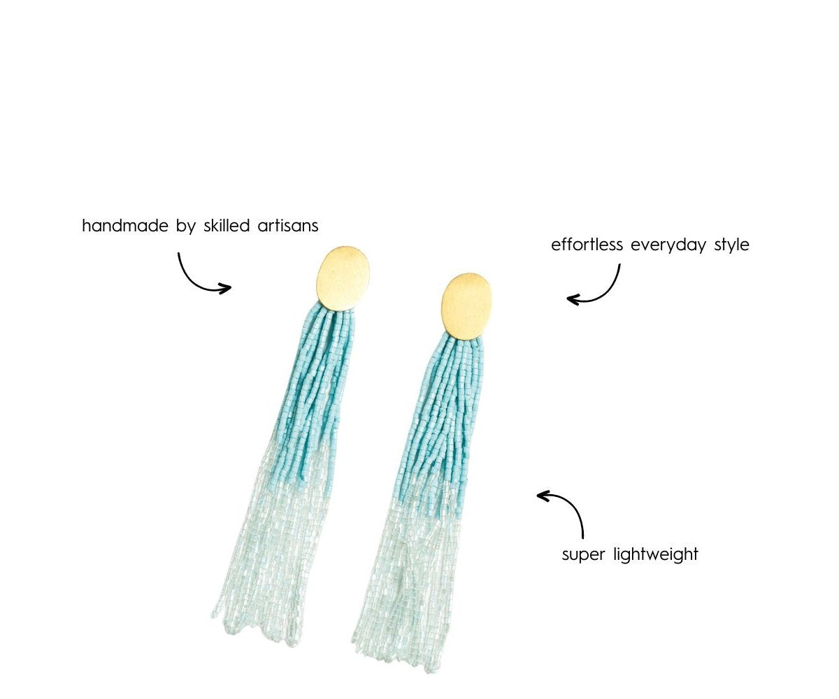 Mae Oval Brass Post Two-Color Beaded Tassel Earrings Light Blue