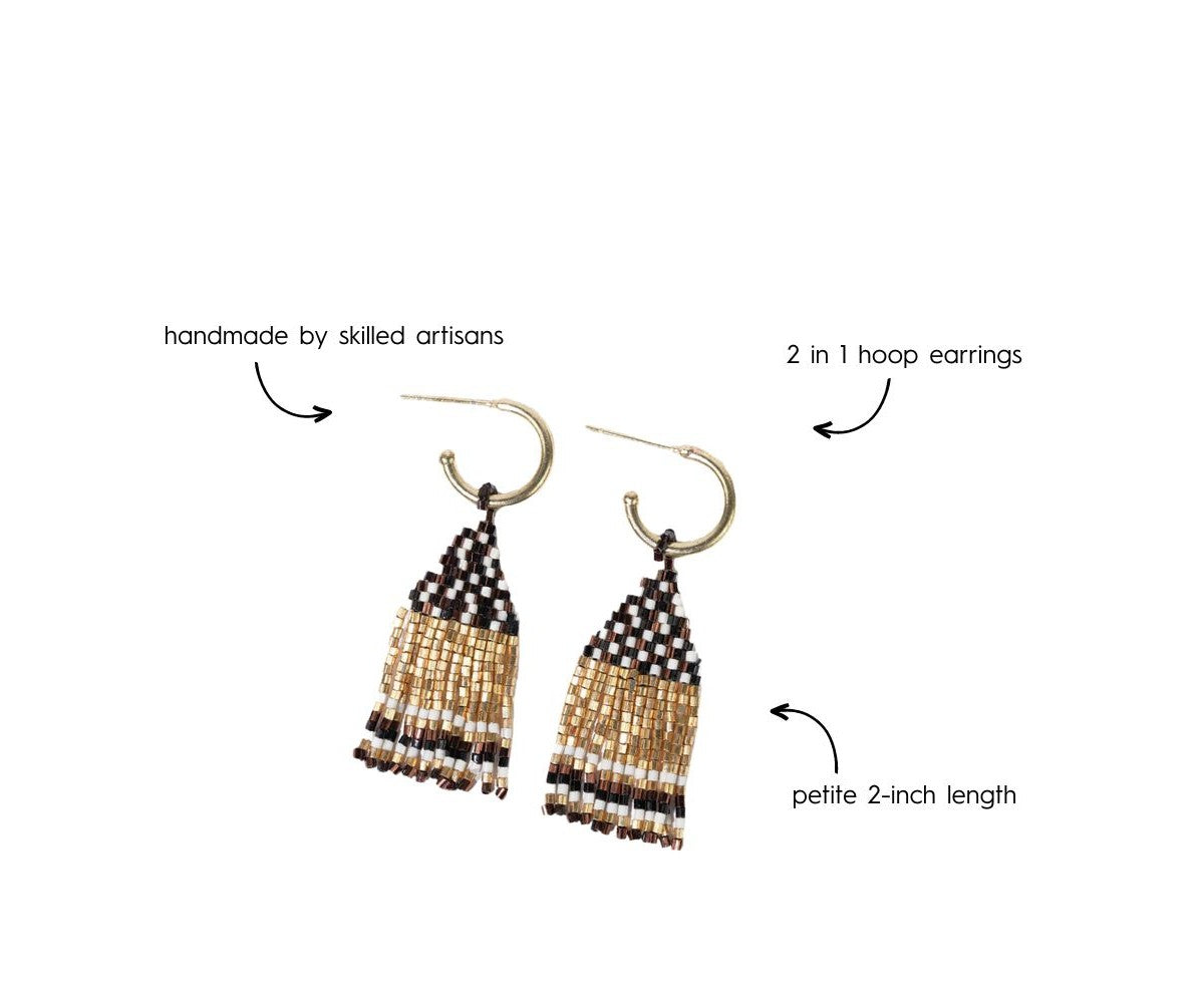 Leta Mini Gold Hoop Confetti Top & Stripe Short Fringe Earrings Black/White