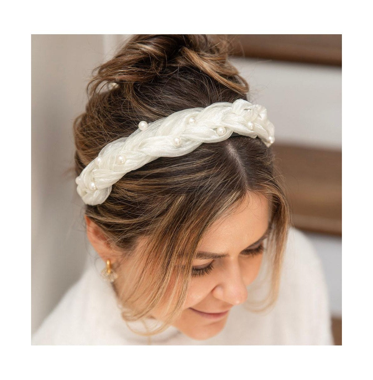 BLUSHING BRAID HEADBAND-SHIMMERY WHITE PEARL