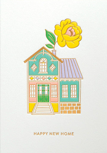 Happy New Home greeting card featuring colorful illustrated house with yellow rose, by Calypso
