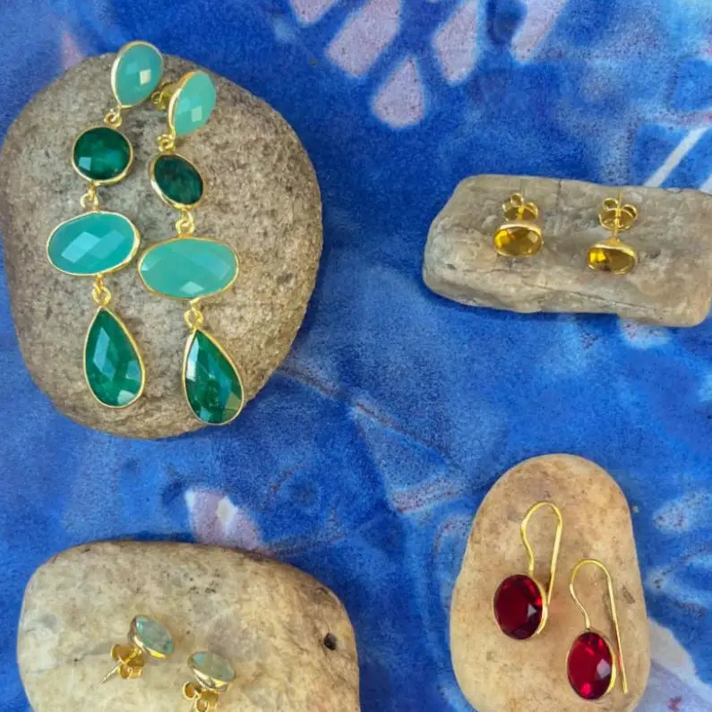 Chalcedony & Emerald Four Drop Earrings