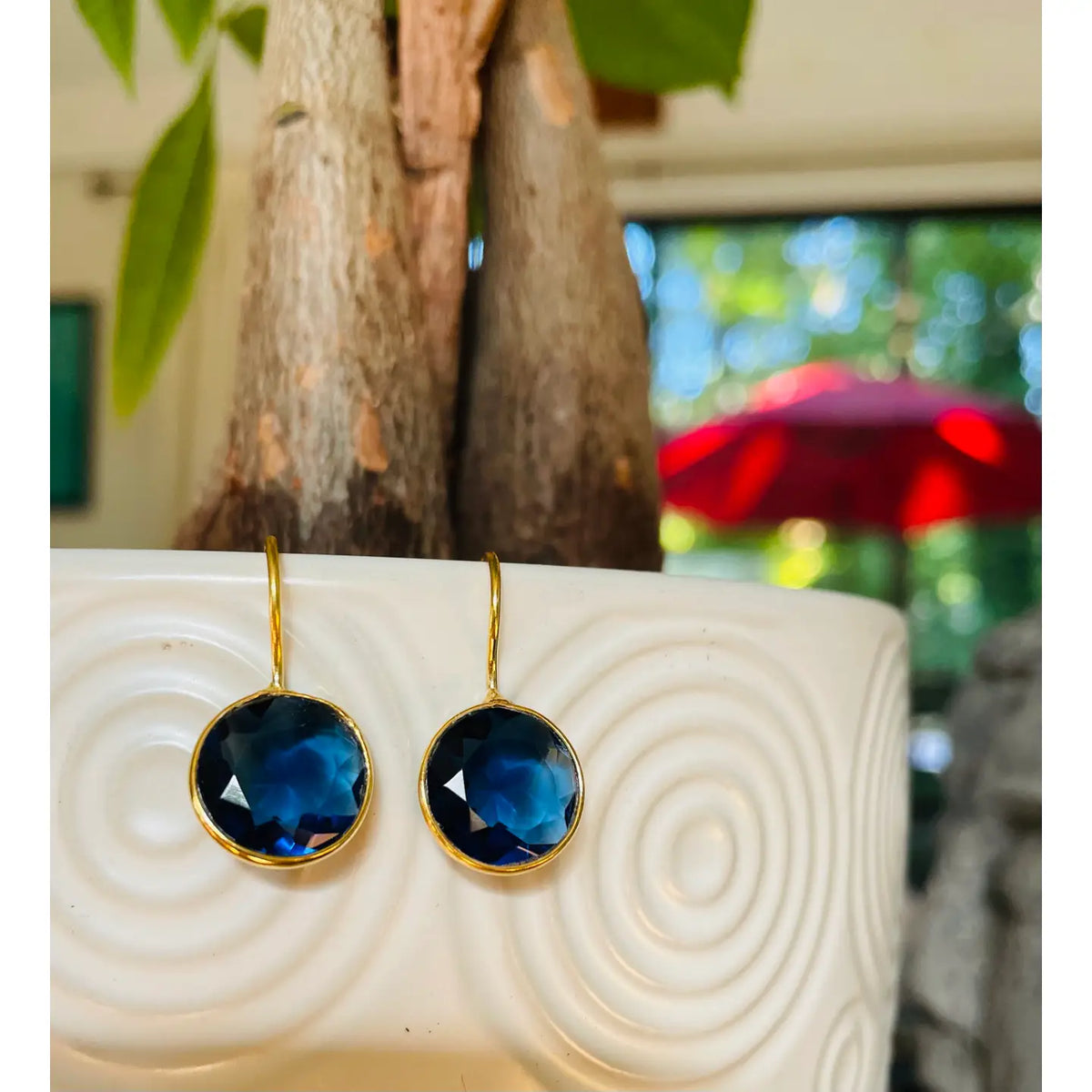 Blue Topaz Round Bezel Gemstone Earrings