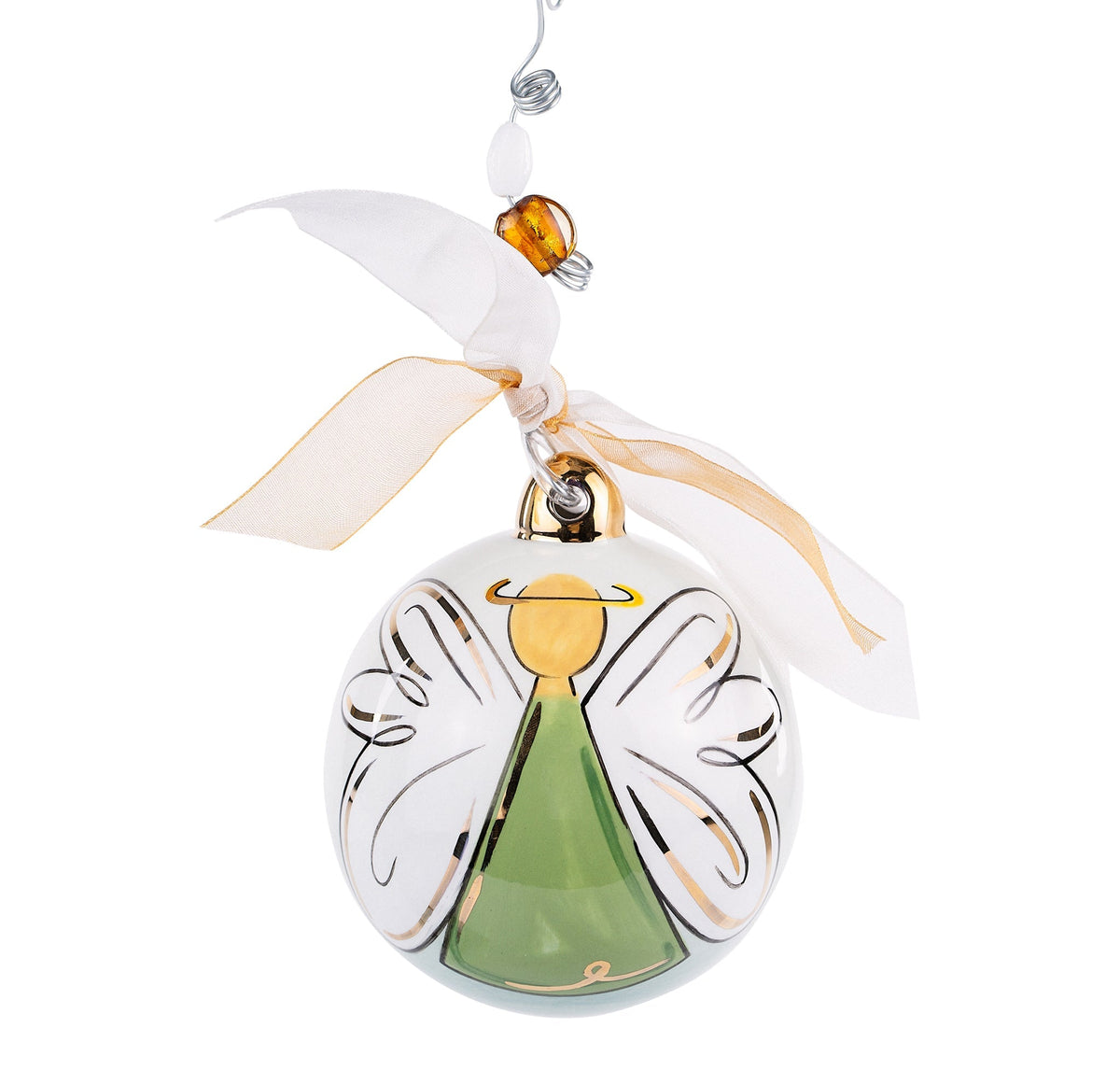Glory Haus angel ornament ball with green robe, gold halo, white wings, and ribbon hanger