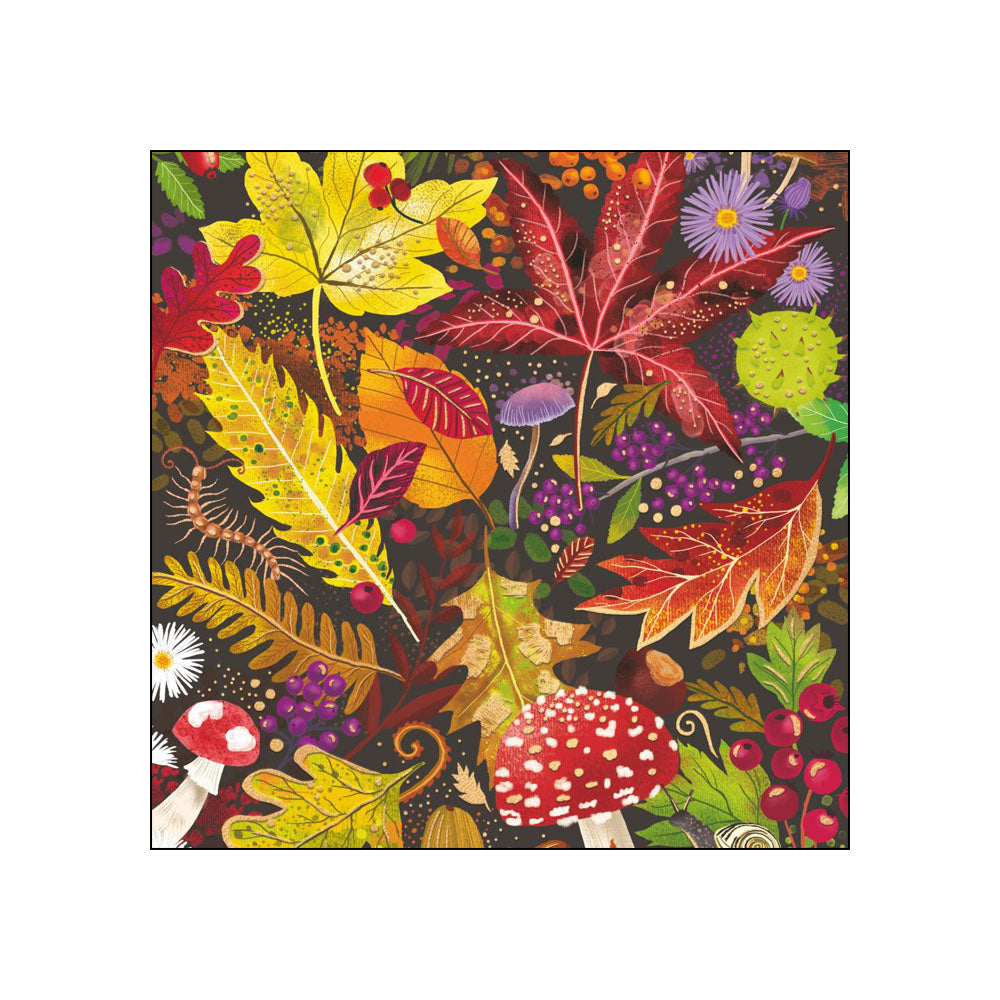 Cocktail napkin featuring colorful autumn leaves, mushrooms, berries, and forest botanicals on dark background