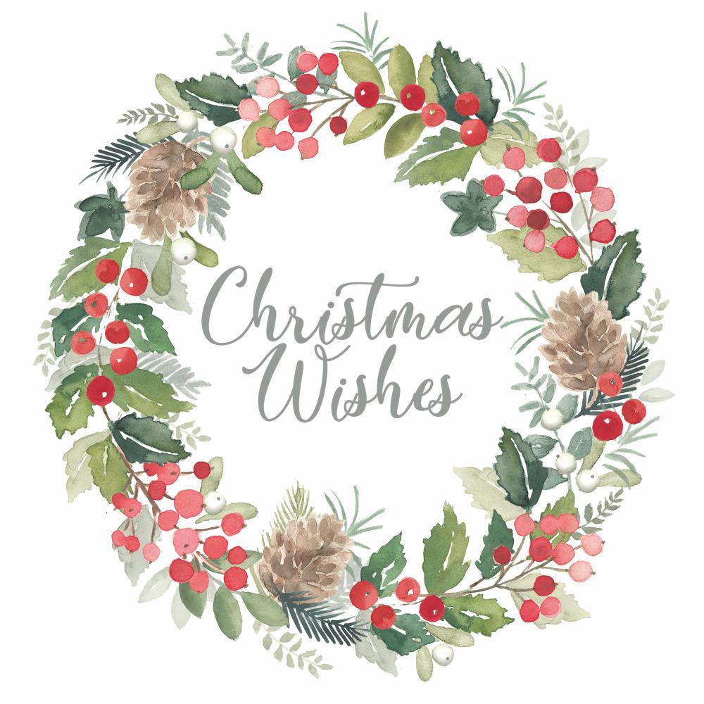Watercolor Christmas wreath with holly berries, pine cones, and festive greenery reading Christmas Wishes