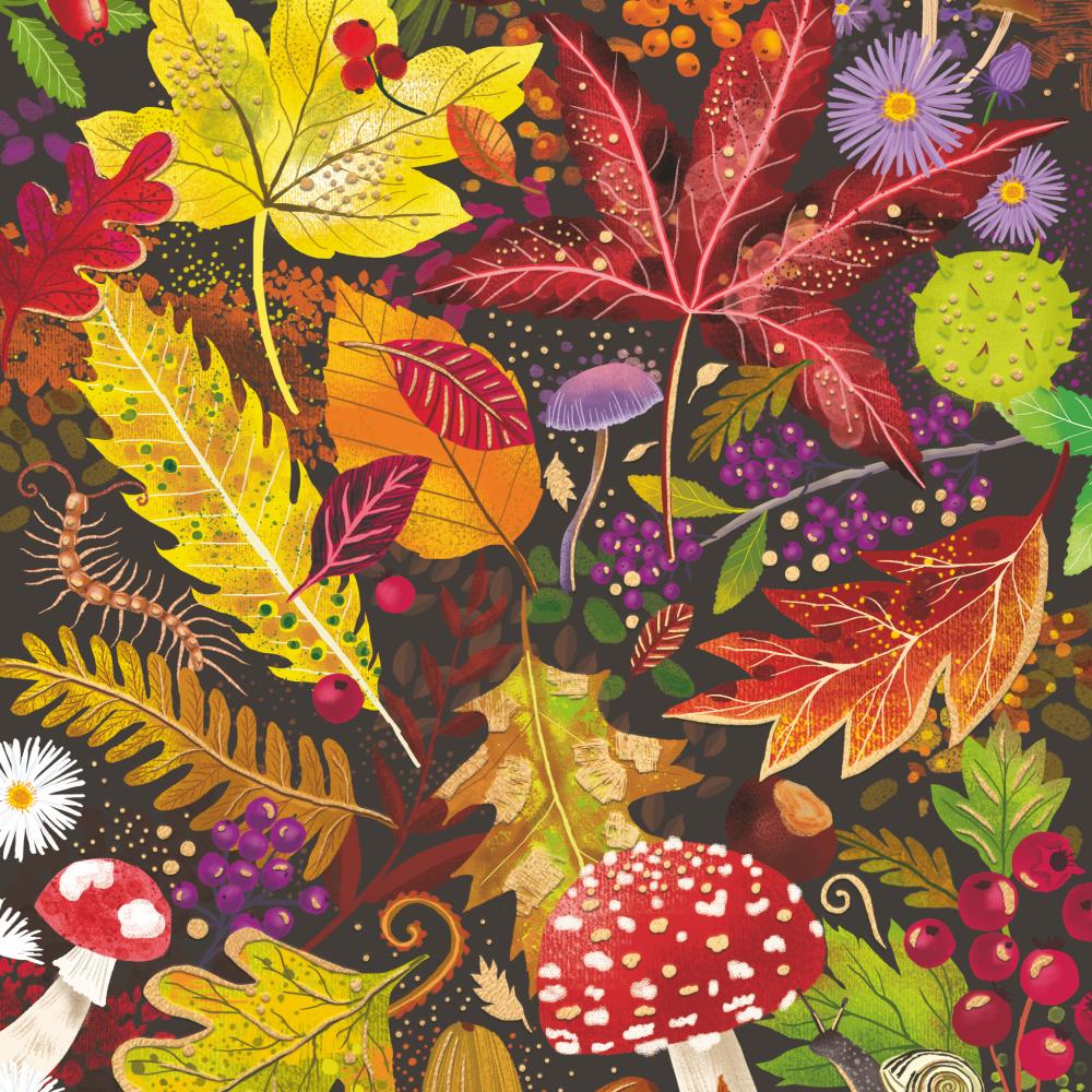 Colorful autumn-themed luncheon napkin with leaves, mushrooms, berries, and fall botanicals