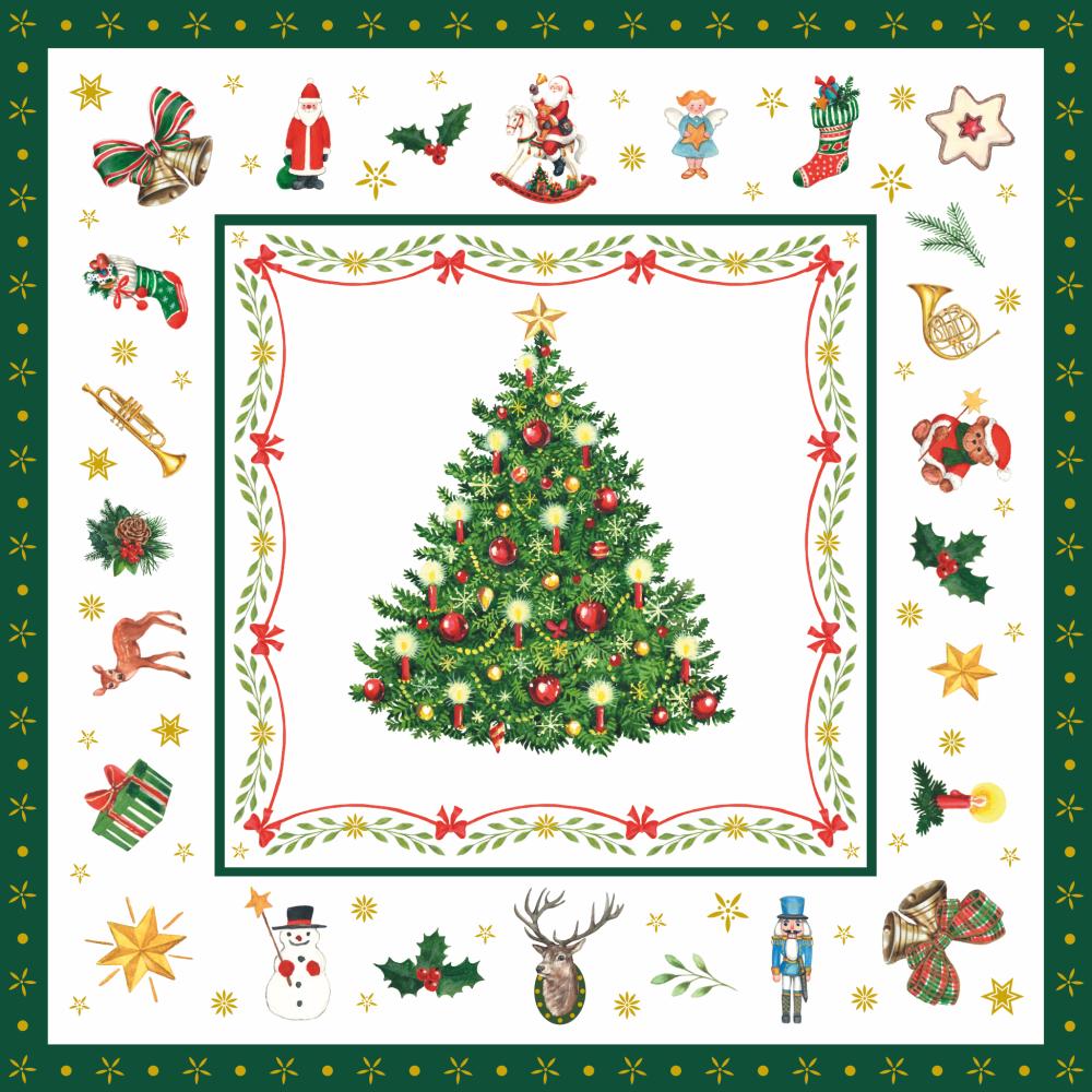 PPD Sweet Christmas white luncheon napkin with festive Christmas tree and holiday motifs border