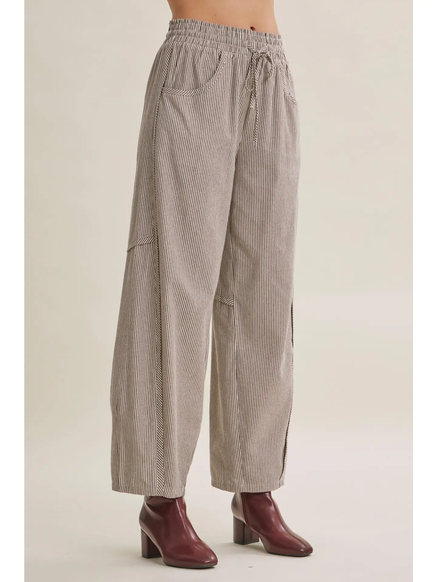 STRIPE COTTON BARREL PANT-CHOCOLATE-LARGE