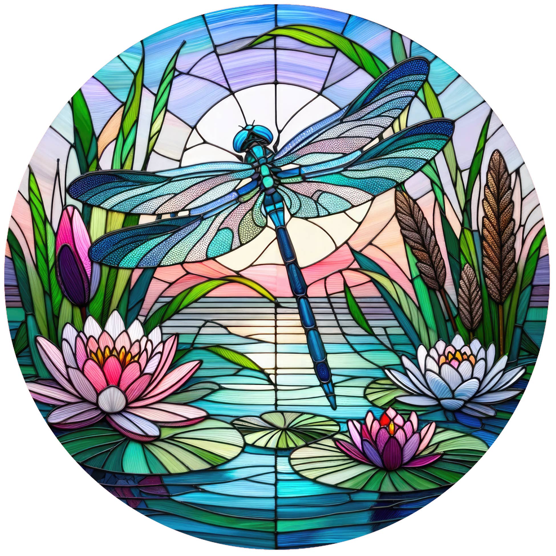 Stained glass style circular art featuring a blue dragonfly over a lily pond with water lilies