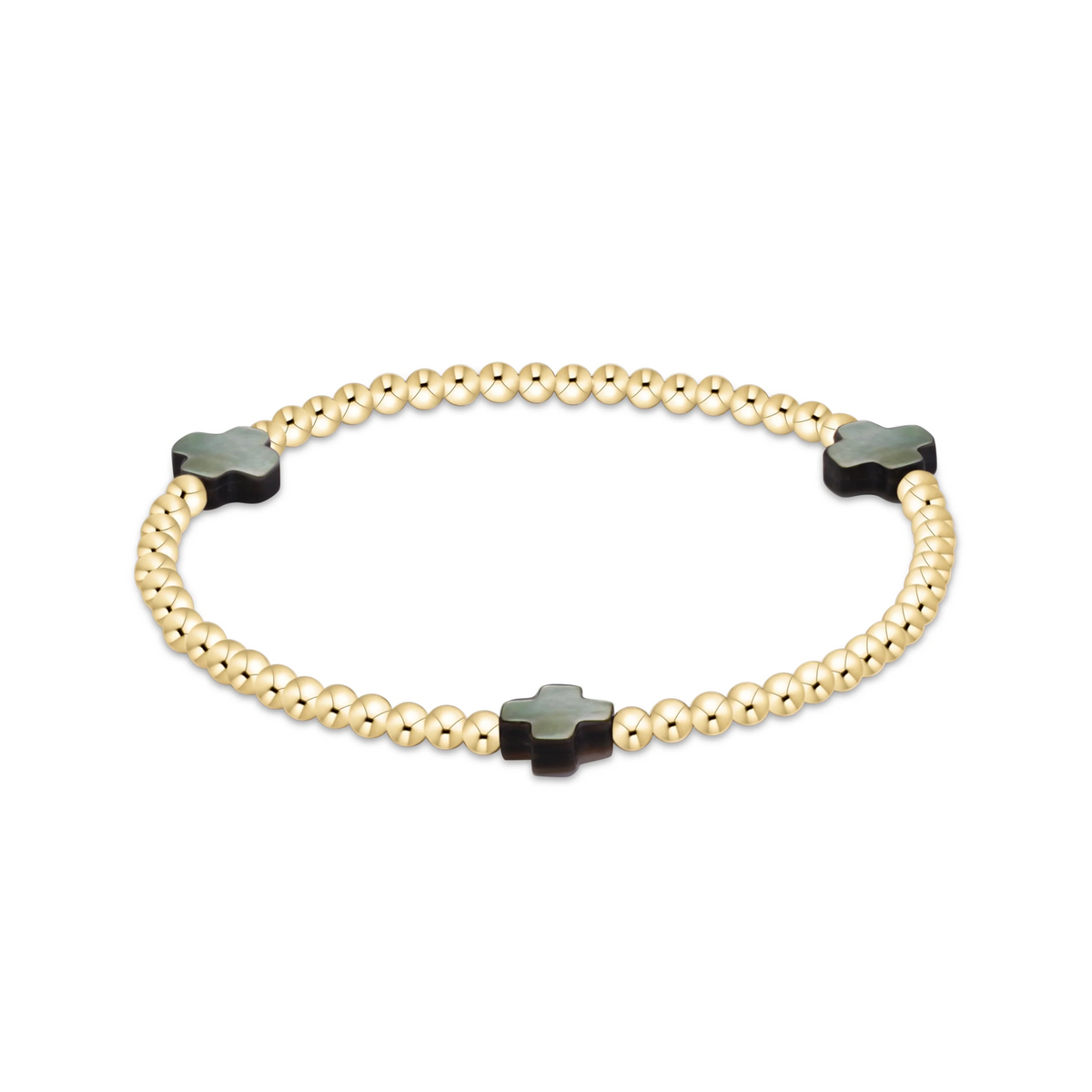 Gold beaded stretch bracelet with three black tahitian mother of pearl cross charms evenly spaced