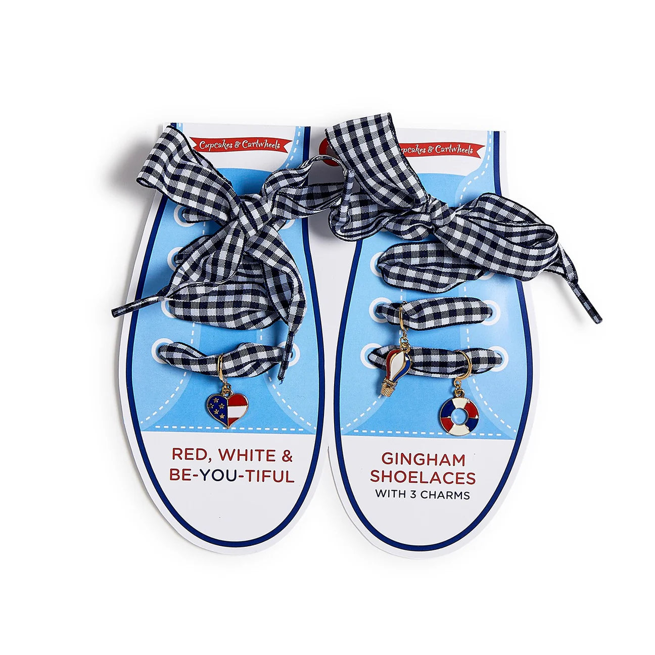 Pair of Gingham Red, White, & Blue Shoelaces w/ Charms- Multi Style