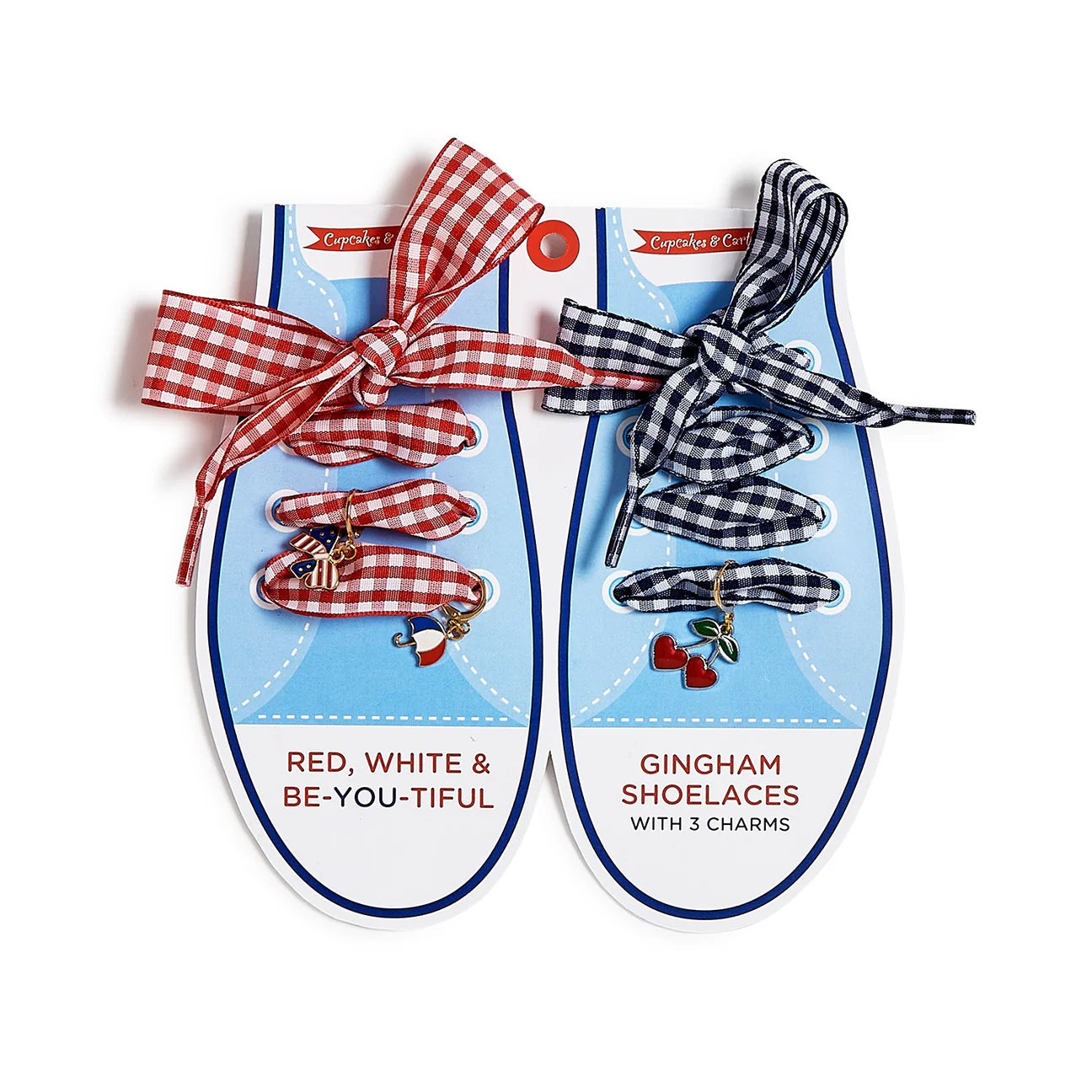Pair of Gingham Red, White, & Blue Shoelaces w/ Charms- Multi Style