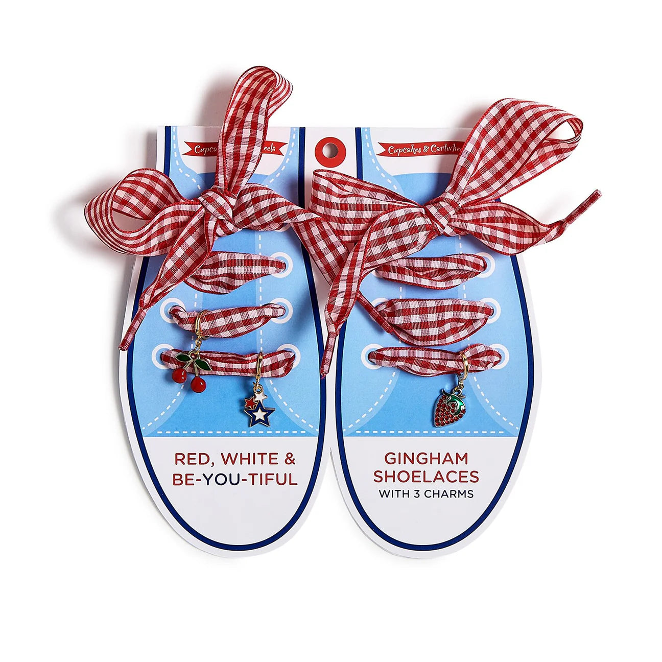 Pair of Gingham Red, White, & Blue Shoelaces w/ Charms- Multi Style