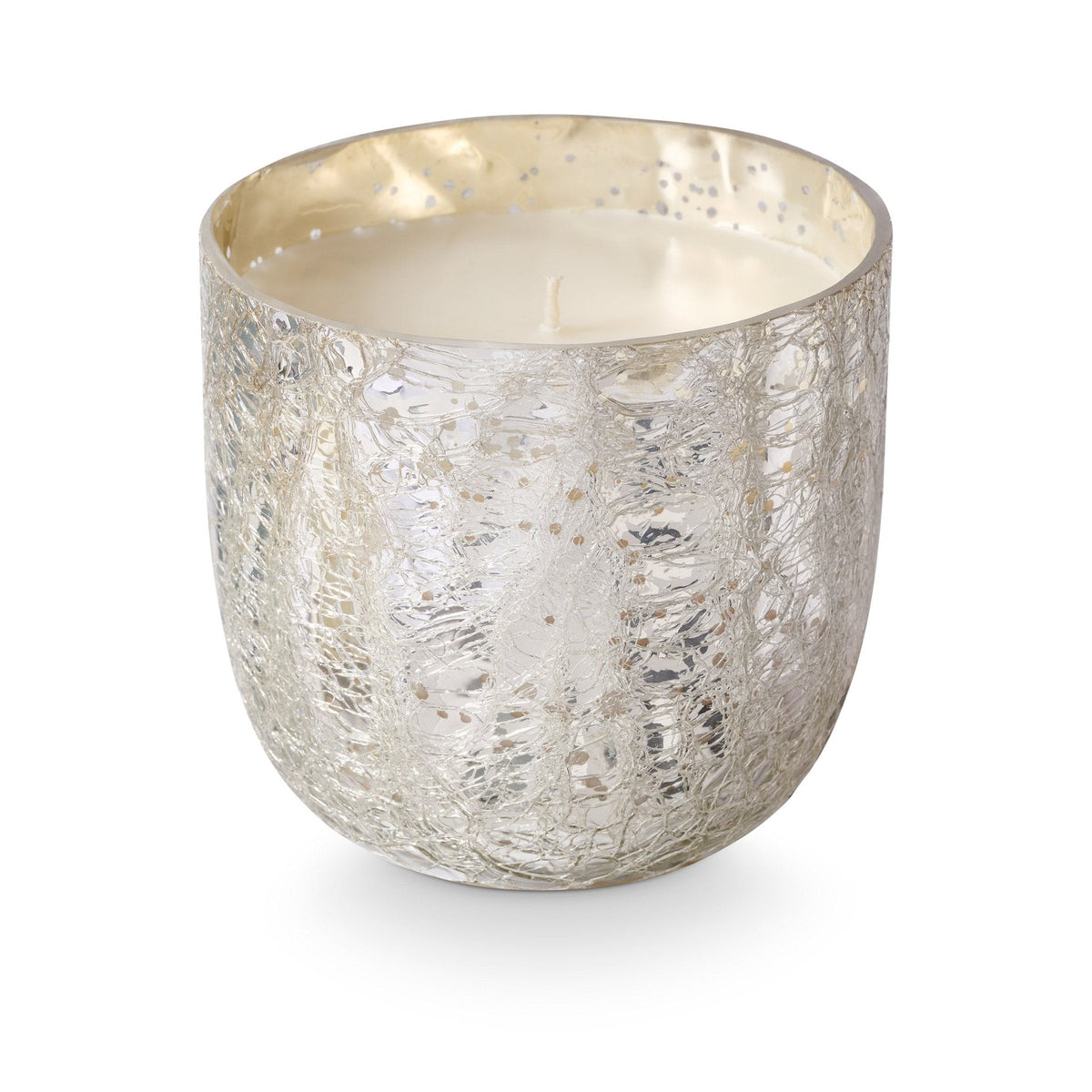 ILLUME Balsam and Cedar large crackle glass candle in silver mercury glass vessel