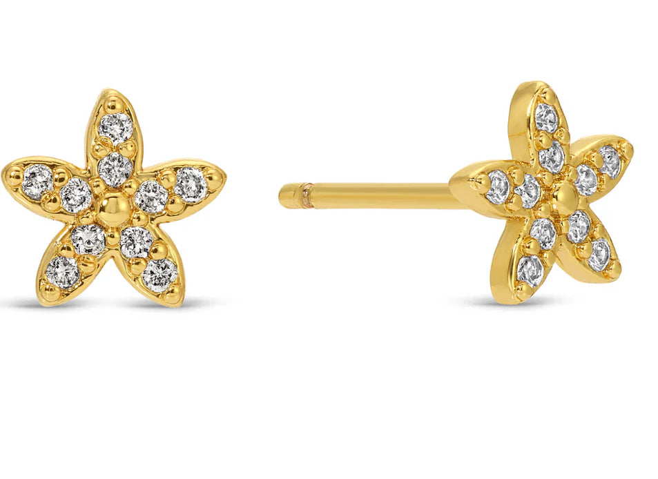 Earrings - Single Stud - Delicate Flower w/Aqua CZ Petal - Gold