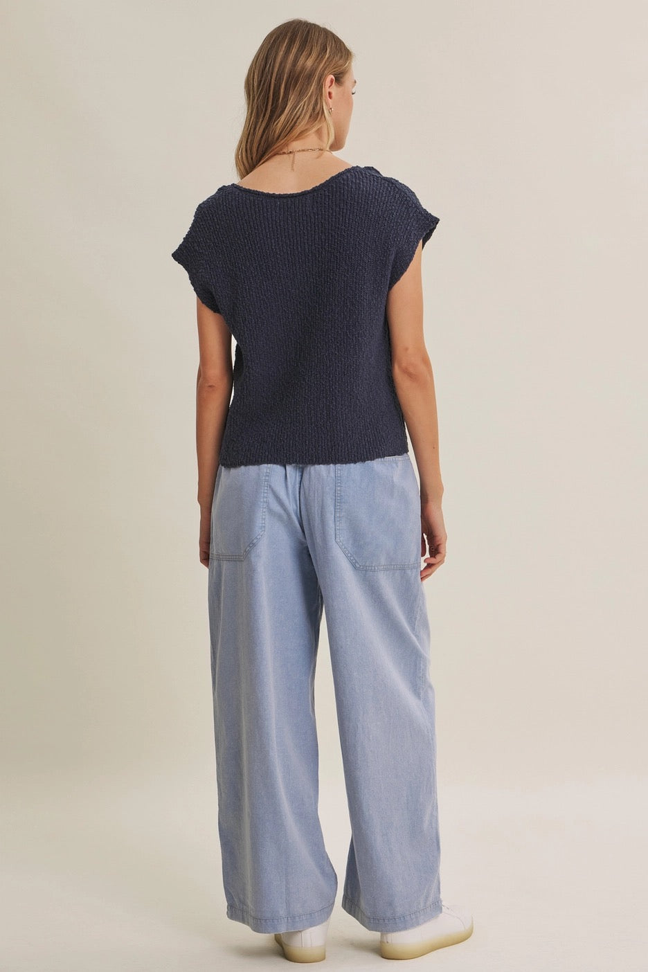 COTTON SLUB SLEEVELESS SWEATER -NAVY -SMALL