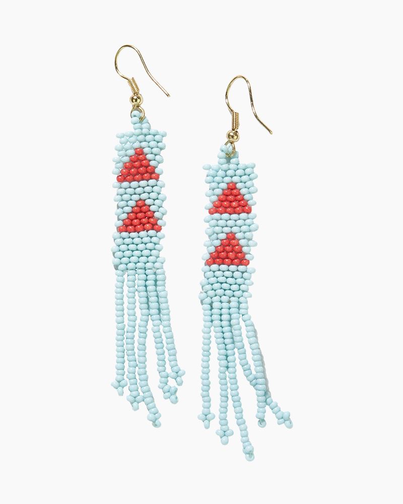 Light Blue Tomato Red Triangle Petite Fringe Seed Bead Earring 3.5"