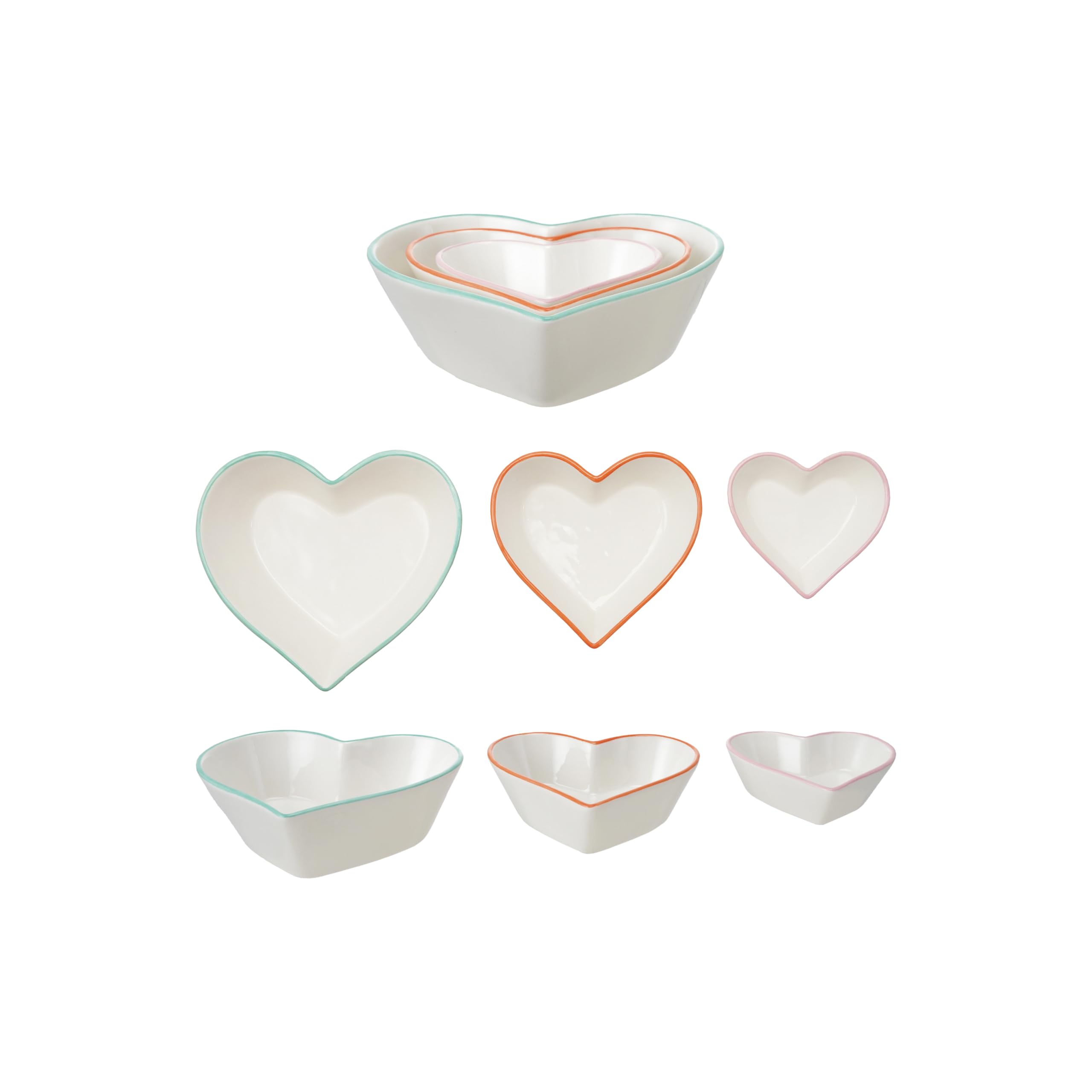 STONEWARE HEART SHAPED BOWLS W/COLORED RIMS-SET OF 3