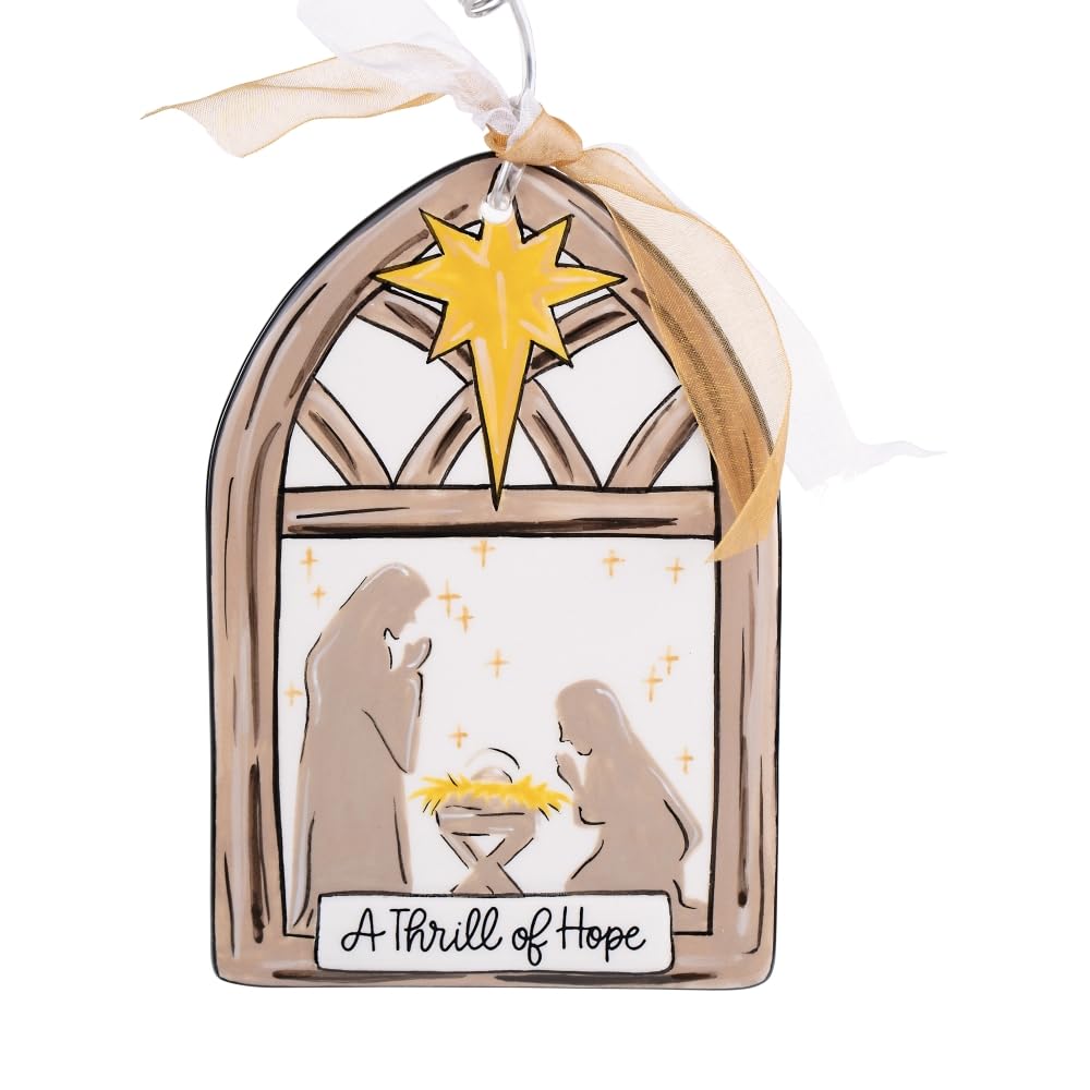Glory Haus nativity scene flat ornament with star and A Thrill of Hope inscription