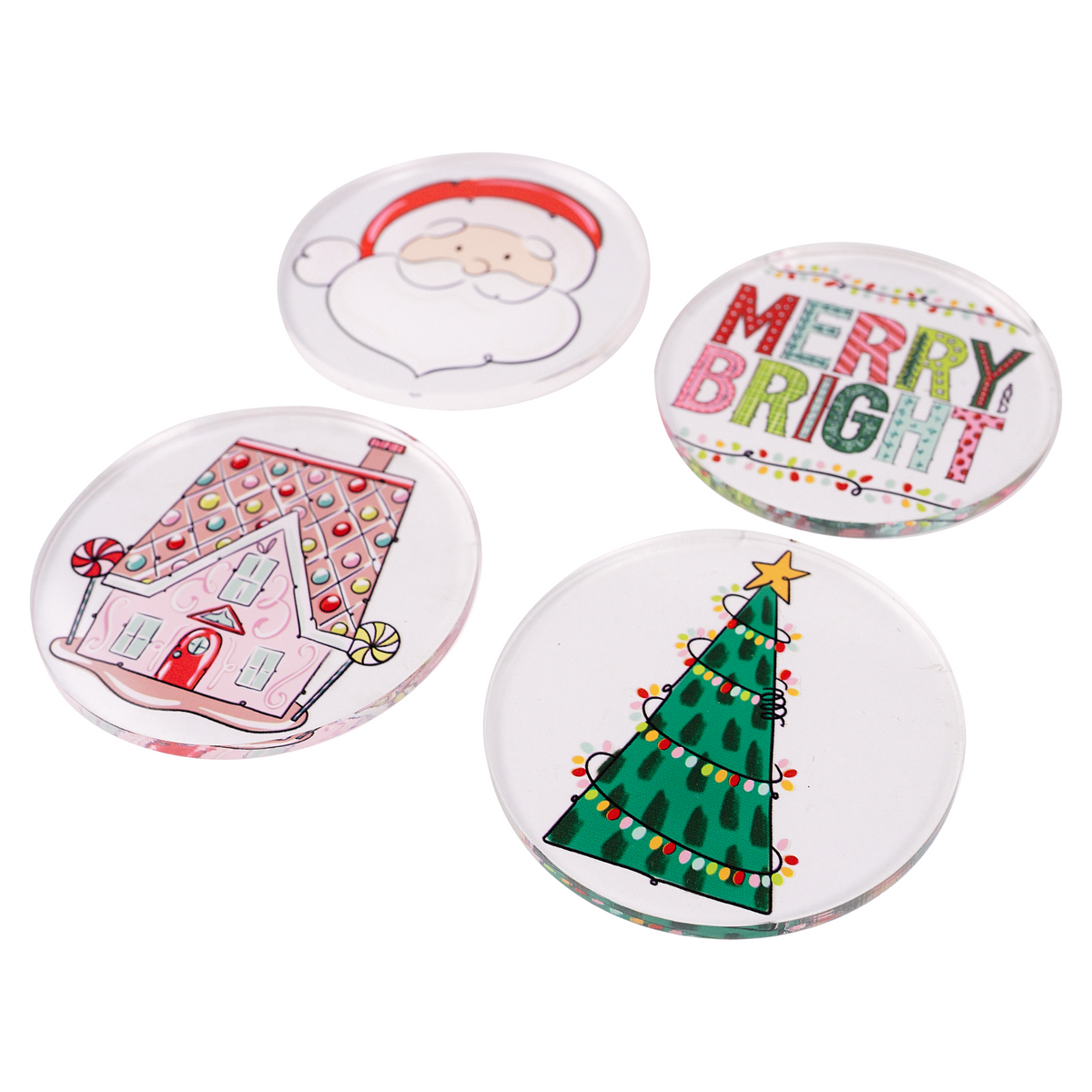 Set of four round glass Christmas coasters featuring Santa, Merry Bright, gingerbread house, and Christmas tree designs