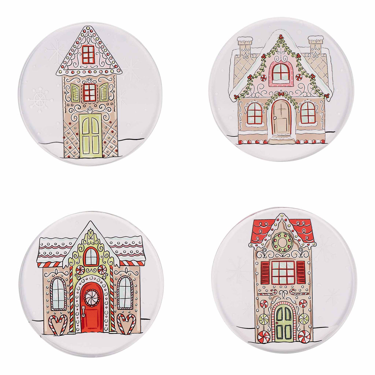 Set of four round acrylic coasters featuring illustrated gingerbread house designs in holiday colors