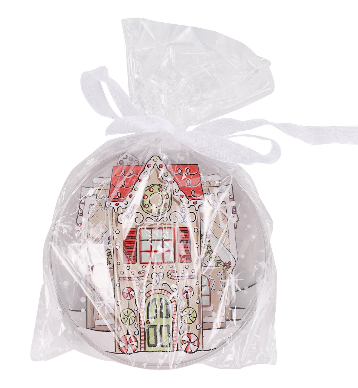 Gingerbread house acrylic coaster set packaged in clear bag with white ribbon bow