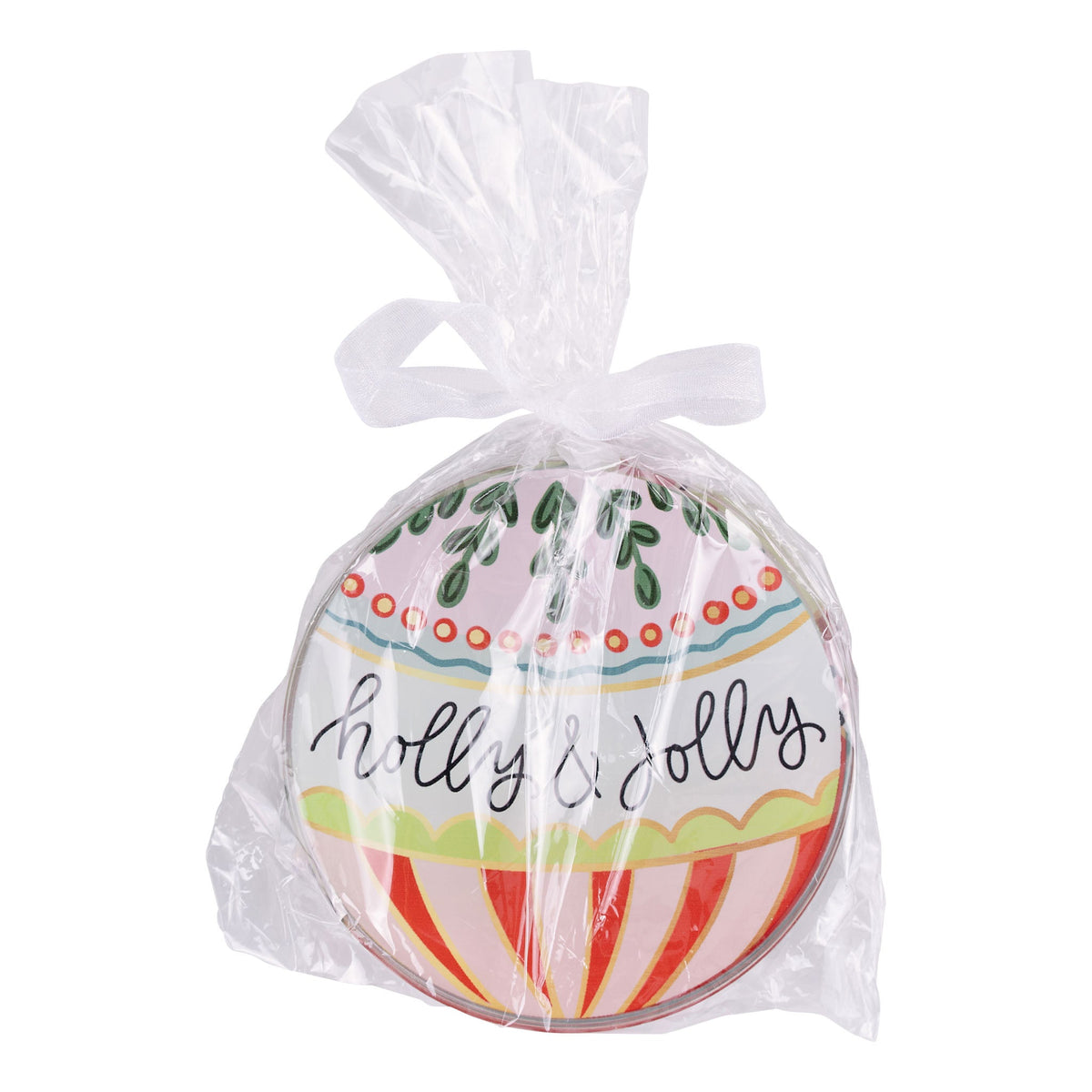 Holly and Jolly Christmas ornament-style coaster in festive multicolor packaging with white ribbon bow