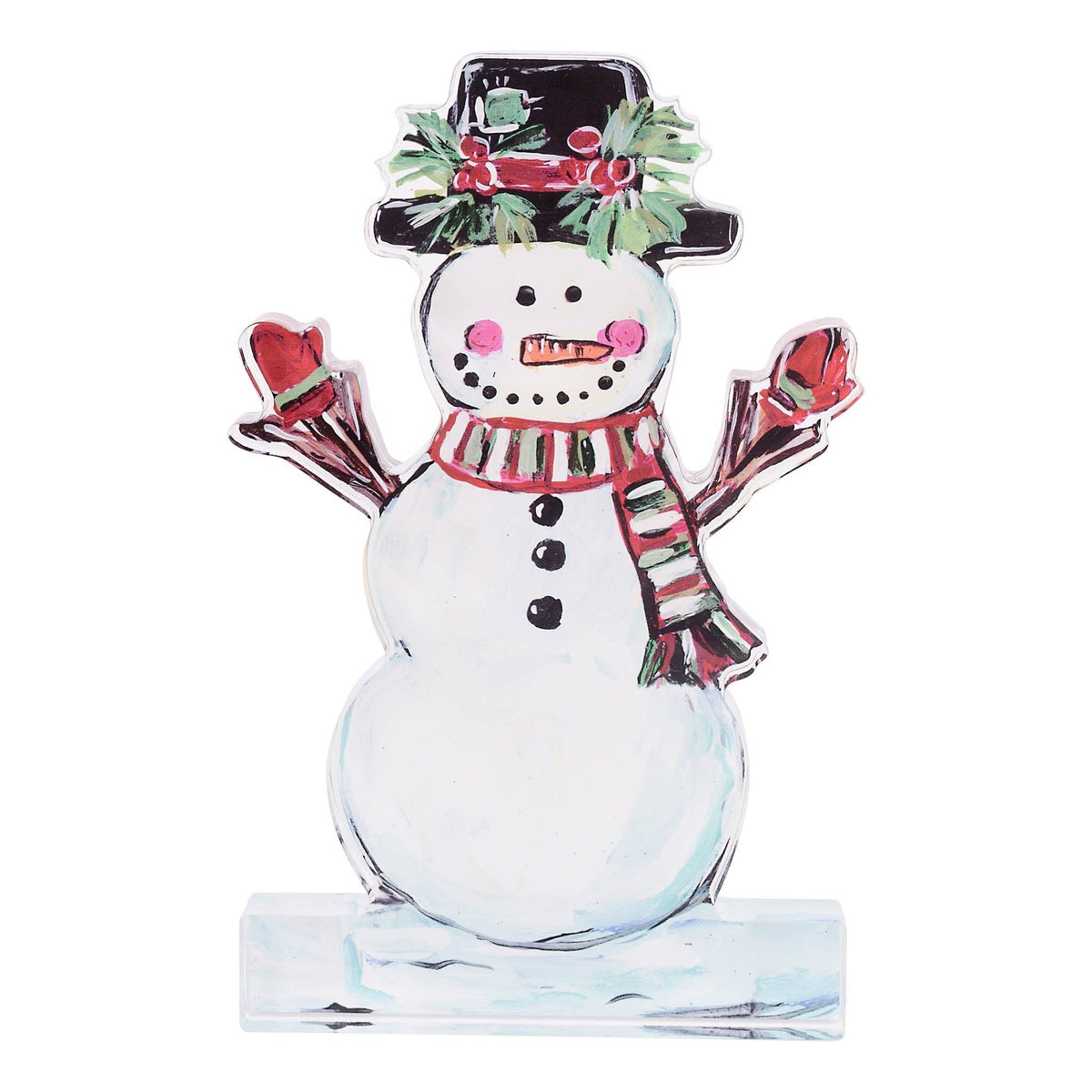 Holly Jolly Snowman acrylic stand with top hat, striped scarf, and red mittens by Glory Haus