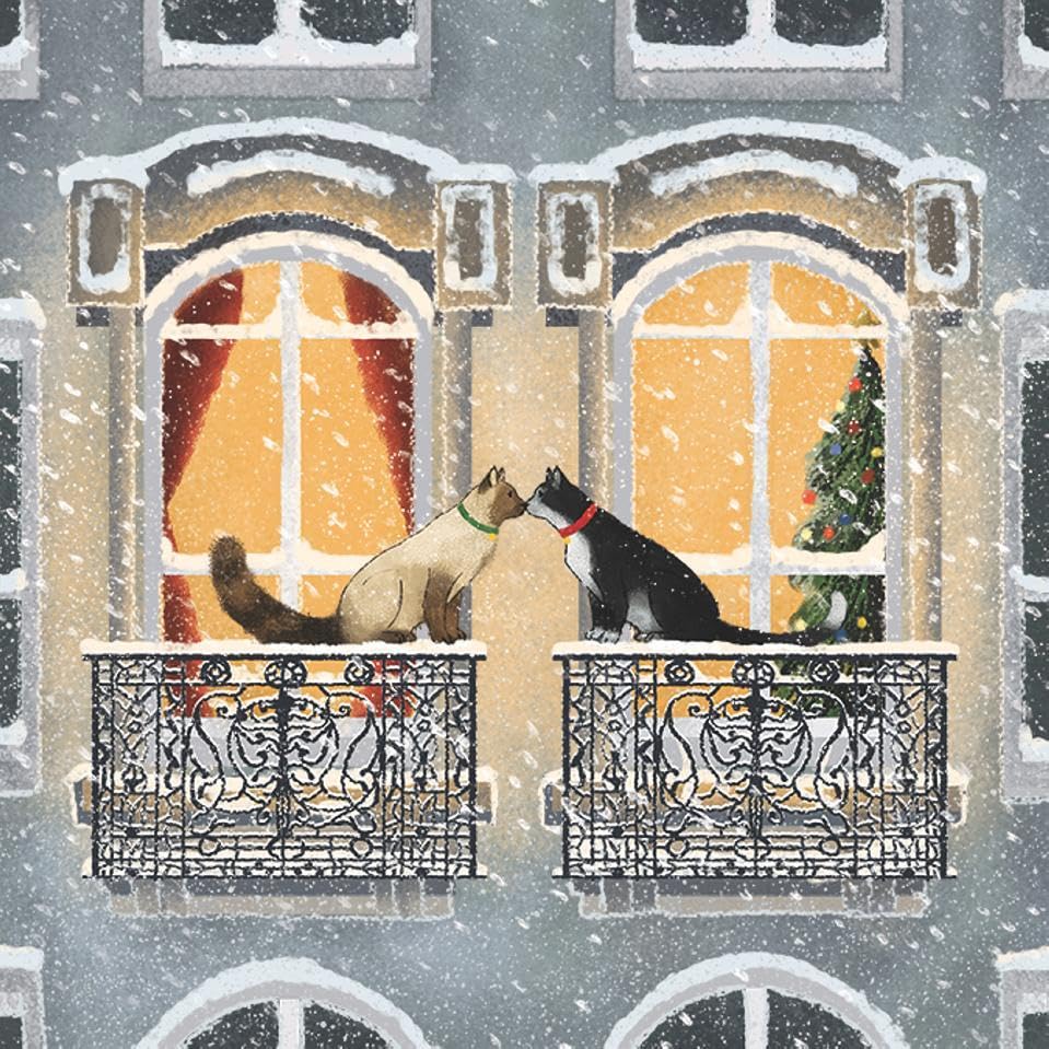 Two cats touching noses on snowy balconies of a townhouse during winter snowfall