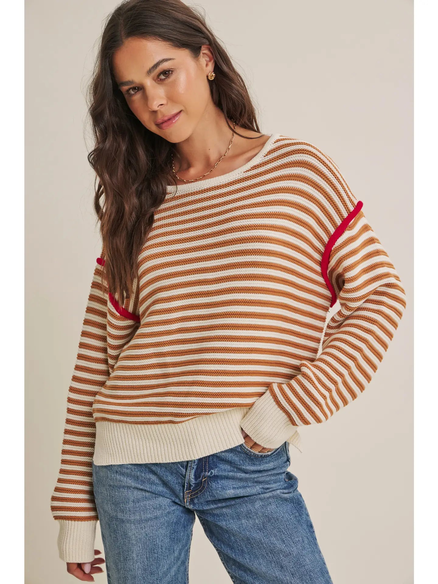 COTTON SWEATER WITH RED POP CONTRAST-TAUPE MULTI-LARGE