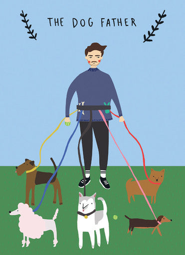 Dog Father birthday greeting card illustration showing man walking five dogs on colorful leashes