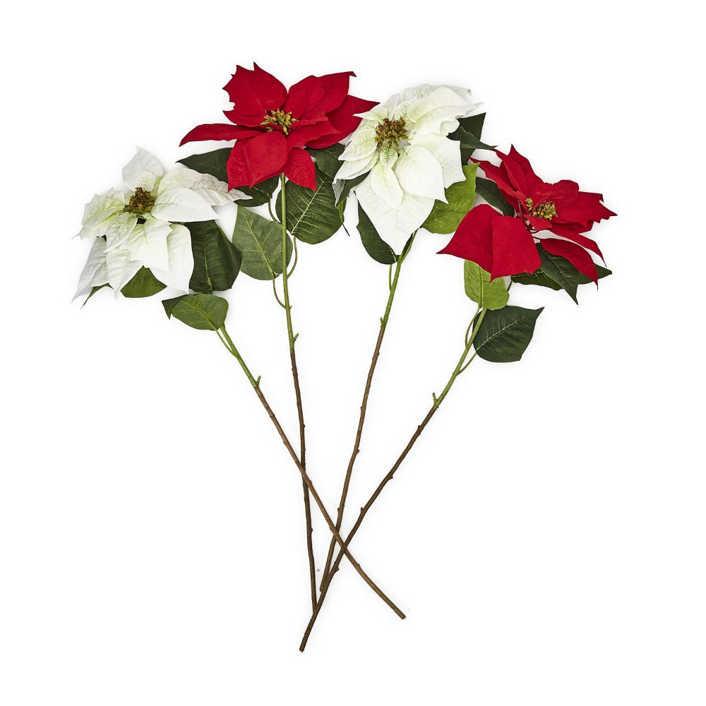 Three faux poinsettia stems in red and white on long brown branches against white background