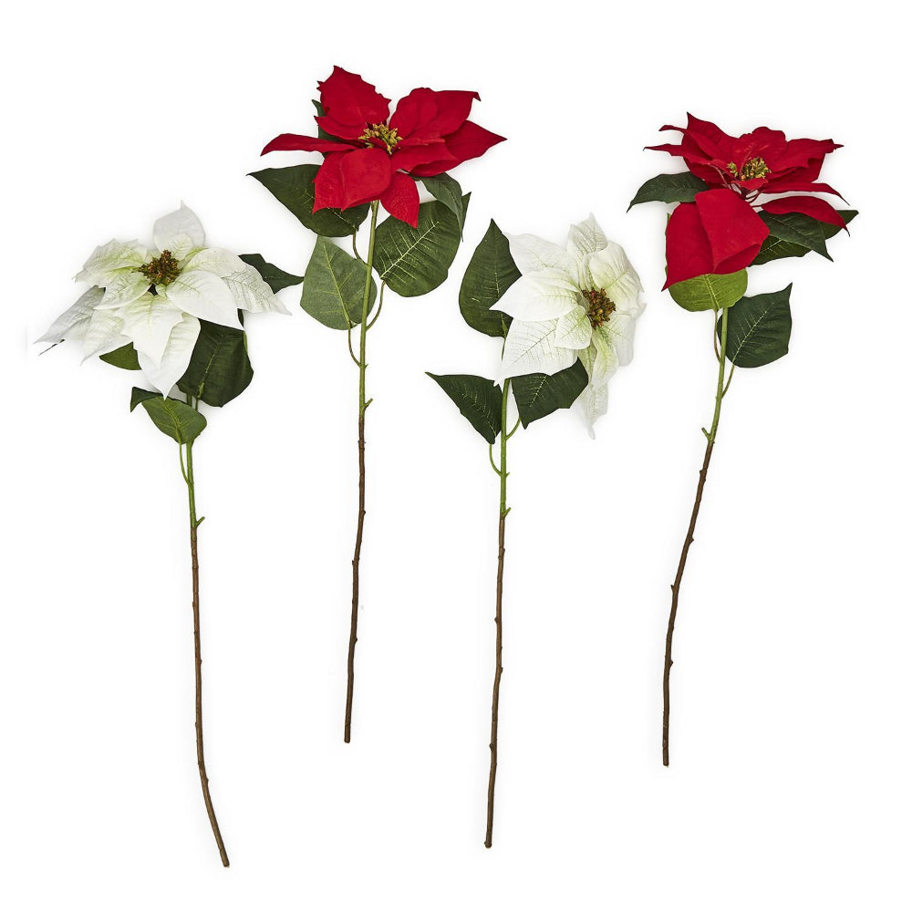 Four faux poinsettia stems in red and white colorways on white background