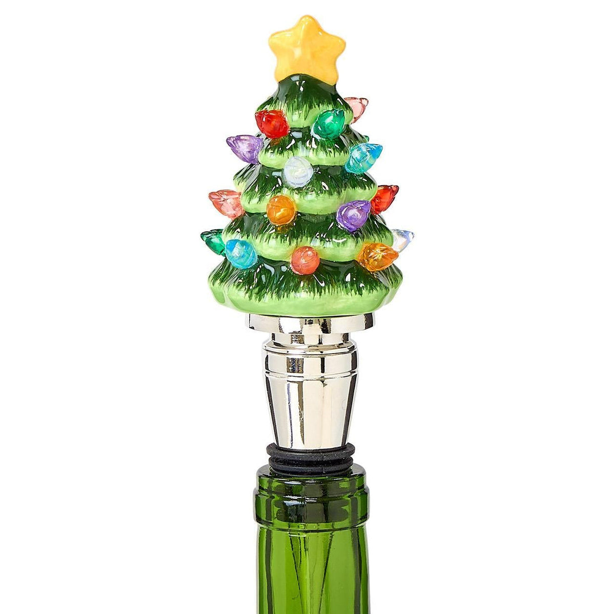 Christmas tree wine bottle stopper with colorful lights and gold star topper