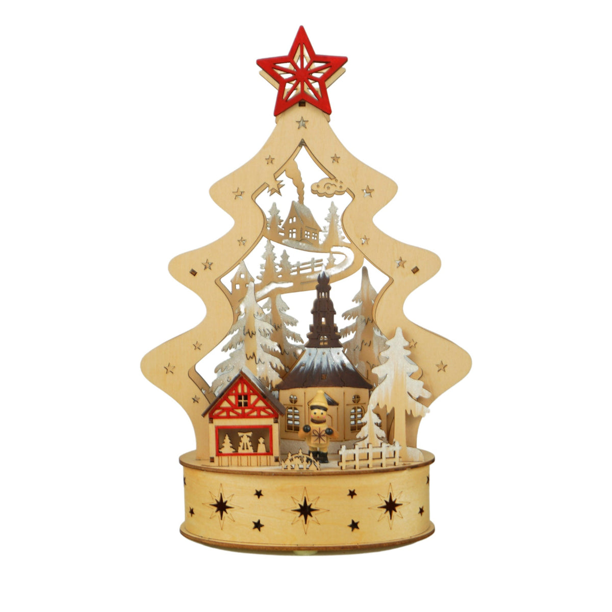 Wooden Christmas tree-shaped lighted scene with red star topper and village diorama
