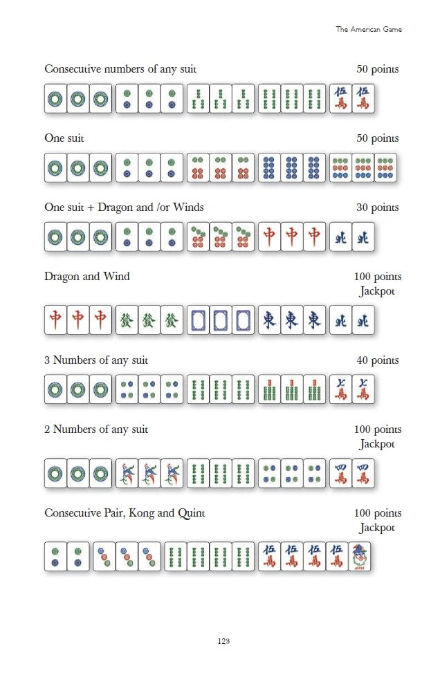 Interior page of The Complete Book of Mah Jongg showing American game scoring rules and tile combinations