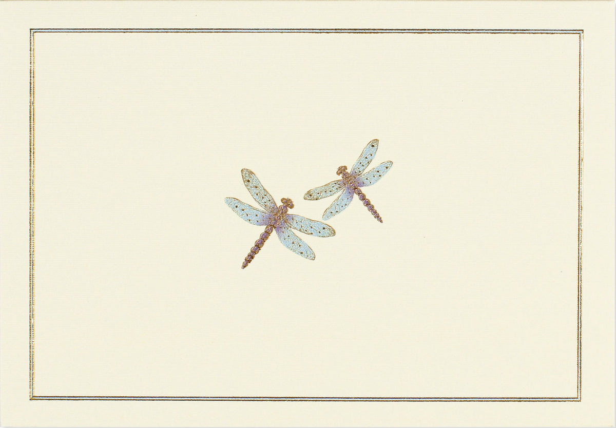 Peter Pauper Press note card featuring two delicate blue dragonflies on cream background with gold border