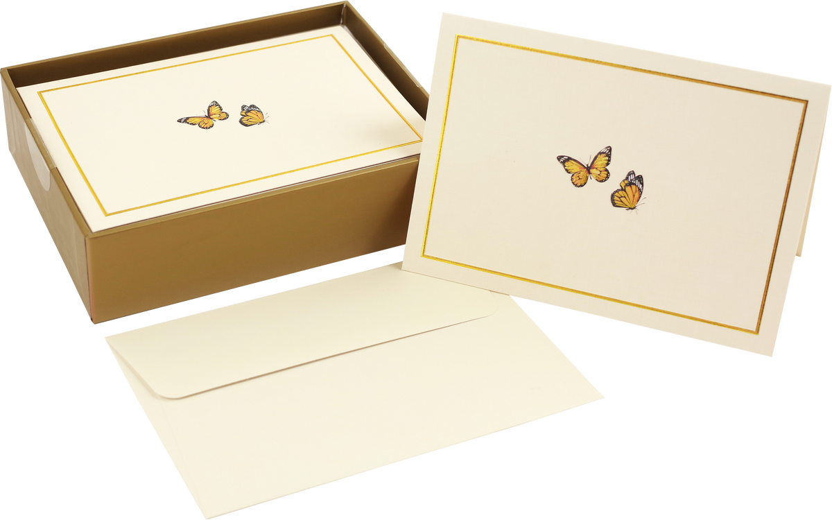 Peter Pauper Press Monarch Butterflies note cards shown with gold box and cream envelopes