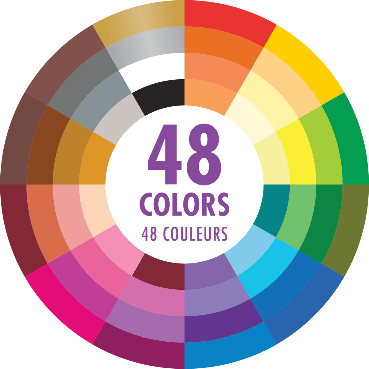 Color wheel graphic showing 48 colors included in Peter Pauper Press colored pencil set