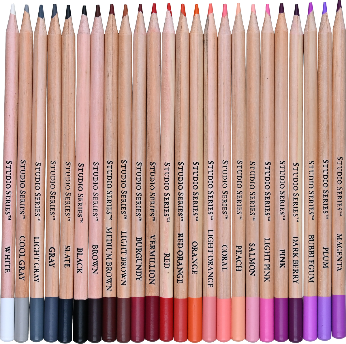 Studio Series colored pencils set showing 24 pencils in warm and neutral tones arranged in a row