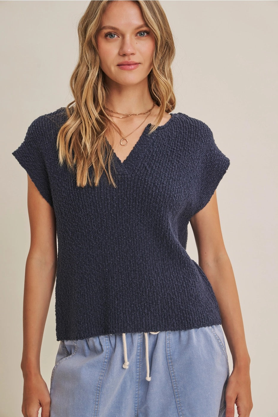 COTTON SLUB SLEEVELESS SWEATER -NAVY- MEDIUM