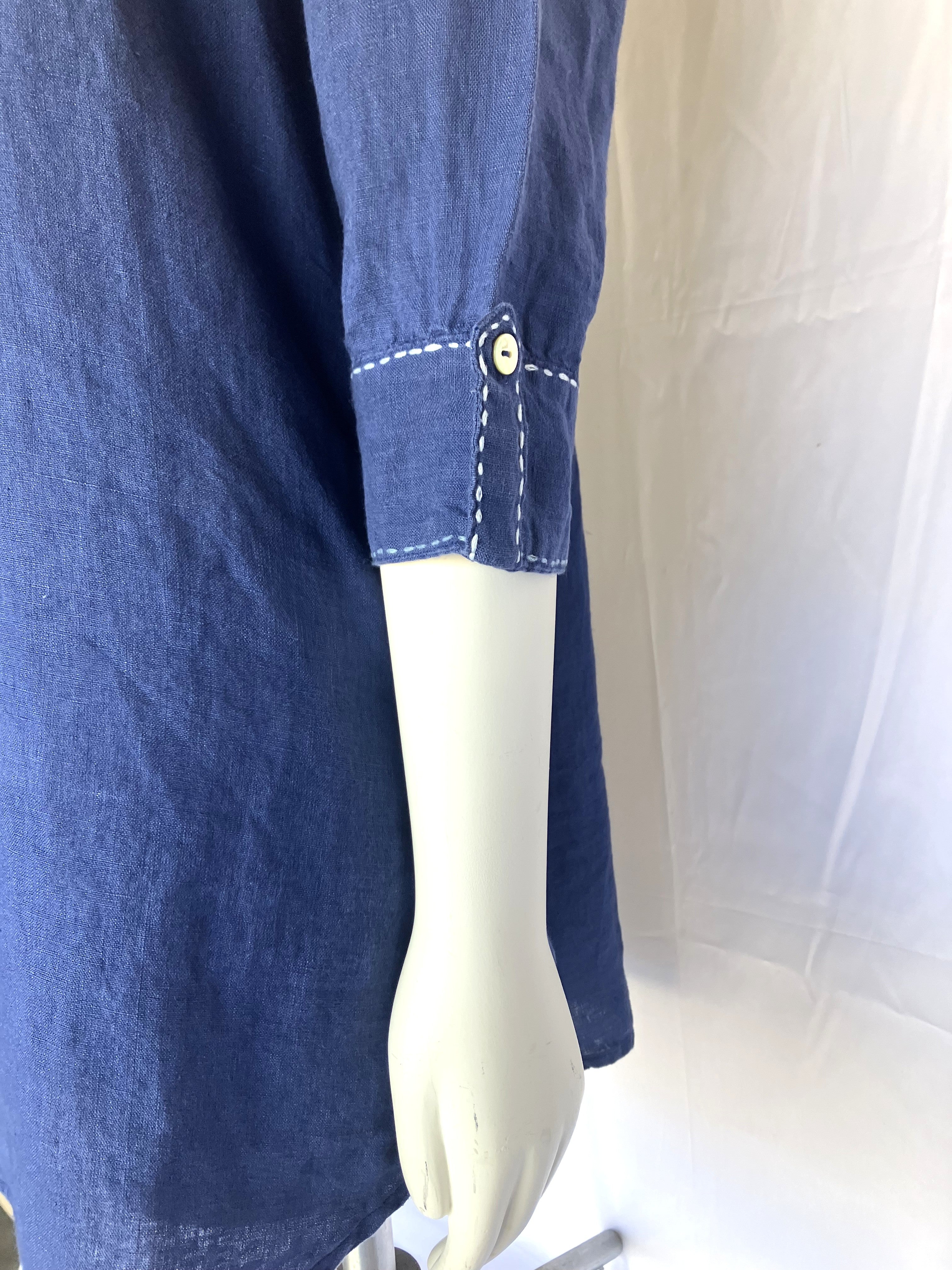 Close-up detail of navy linen tunic dress sleeve cuff with white contrast stitching and button.