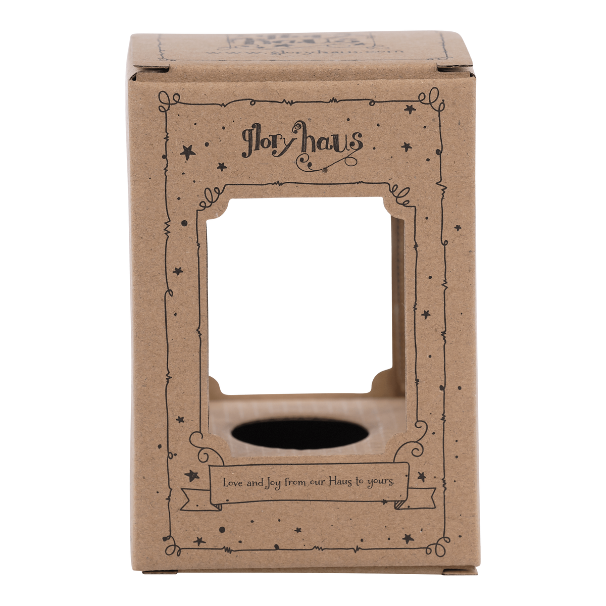 Glory Haus branded kraft cardboard packaging box with decorative border and display window cutout