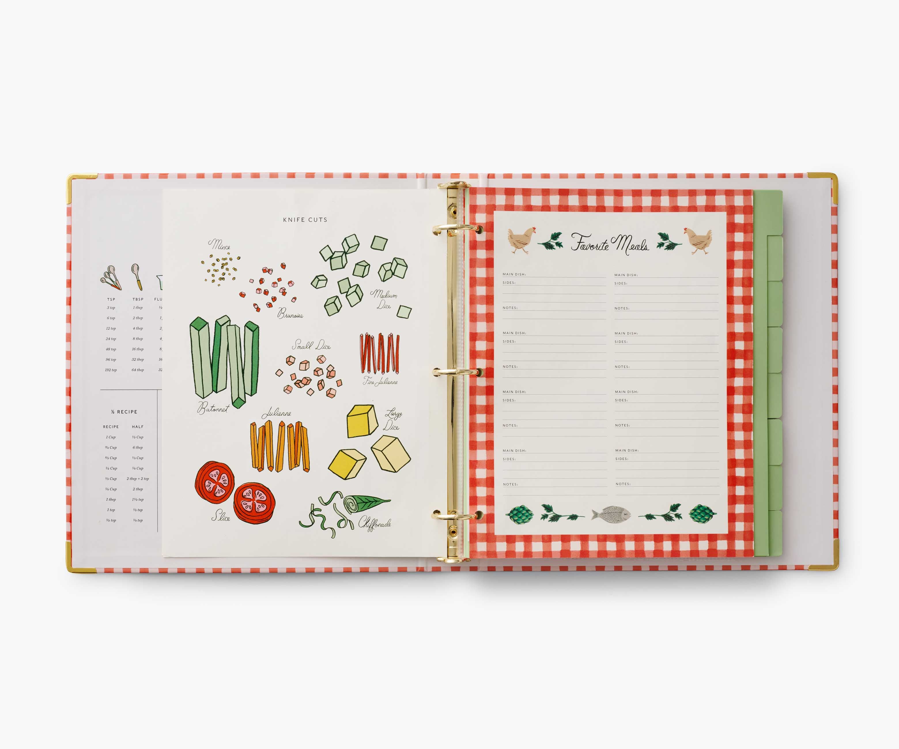 Open Holly Jolly Recipe Binder showing knife cuts guide and Favorite Meals planning page